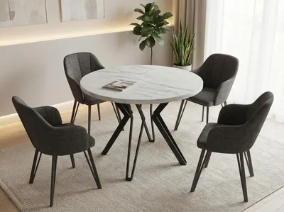 Produktbild von Runder Tisch in Weißer Marmoroptik für das Esszimmer - 100 oder 120 cm Durchmesser - Ausziehbarer Tisch mit Pulverbeschichteten Schwarzen Metallbeinen - Industriestil - 100 cm - Marmor Weiß