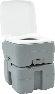 A portable camping toilet shown from a front-side diagonal angle against a white background.