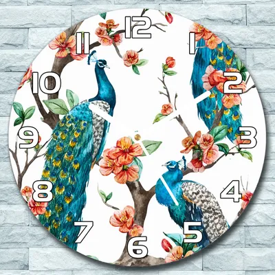 Produktbild von Wanduhr aus Glas Rund fi 30 Pfauen und Blumen Quarz Deko Schlafzimmer Büro