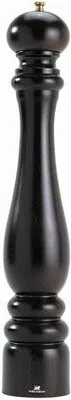 A dark brown wooden pepper mill with a gold top.