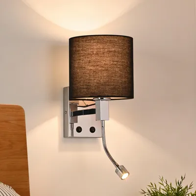 Image de Applique murale ZMH pour intérieur, lampe murale de chambre à coucher, spot mural LED, orientable à 360°, lampe de lecture, abat-jour carré en tissu, culot E27, éclairage pour couloir et chambre à coucher