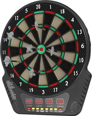 Produktbild von Elektronische Dartscheibe - Dartboard - 27 Spiele, 6 Darts, 24 Softtip-Spitzen, 4 LED-Displays, Sprachansagen - schwarz