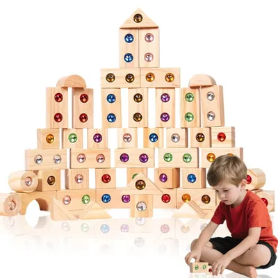 Imagen del producto de Juego de 50 bloques de construcción de madera con forma de arcoíris para niños