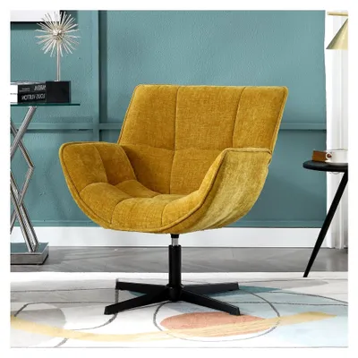 Produktbild von Drehbarer Loungesessel mit Armlehnen, Akzentsessel mit Metallbeinen, Polsterstuhl aus Chenille, für Wohnzimmer und Schlafzimmer, Gelb