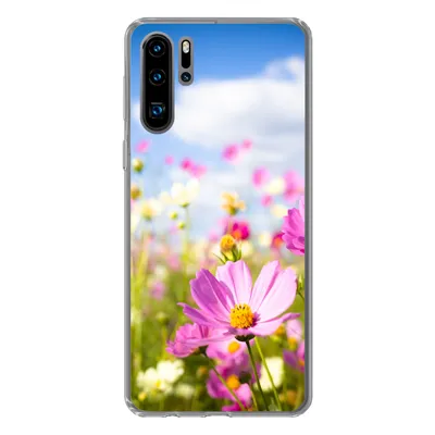 Produktbild von MuchoWow® Handyhülle Schutzhülle Hülle für Huawei P30 Pro Blumen - Wiese - Lila - Gras - Weiß - Wolken - Blau Silikon Softcase Handy Hülle - Schutzdeckel