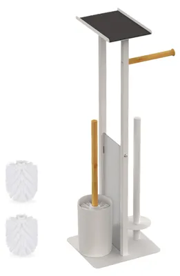 Produktbild von Relaxdays WC Garnitur, HBT: 65x21x18 cm, stehender Klopapierhalter, Klobürste, Ersatzrollenhalter, Ablage, weiß/natur