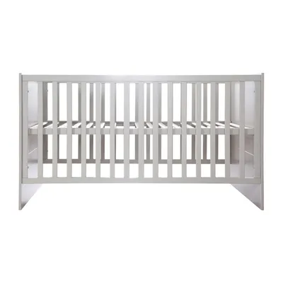 A light gray wooden crib is shown against a white background.