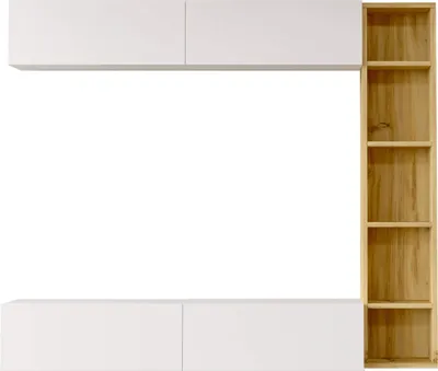 A modular shelving unit with white cabinets and a light brown wooden bookshelf.