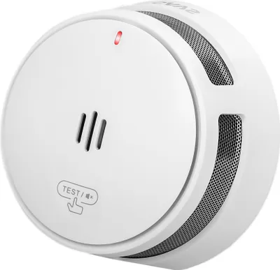 A white smoke detector with a red indicator light and a test button.