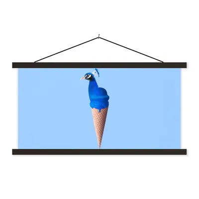 Produktbild von MuchoWow® Textilposter Pfau - Eistüte - Eiscreme - Blau - Vogel 150x75 cm mit schwarzem Rahmen - Posterleiste
