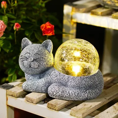 Imagen del producto de Decoración de gato solar, figura acostada, resistente a la intemperie, con iluminación LED para jardín