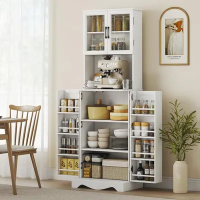 Image de Armoire de cuisine haute, buffet de cuisine moderne, blanc. Meuble de cuisine en bois composite avec 4 portes, 8 étagères à épices et une station café. Buffet de 60 x 39,5 x 179,6 cm