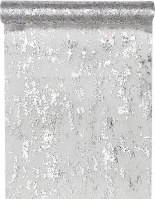 A roll of silver and white textured table runner.