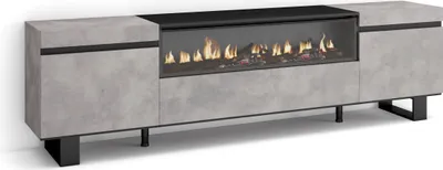 A modern TV stand with a built-in electric fireplace, presented against a white background.