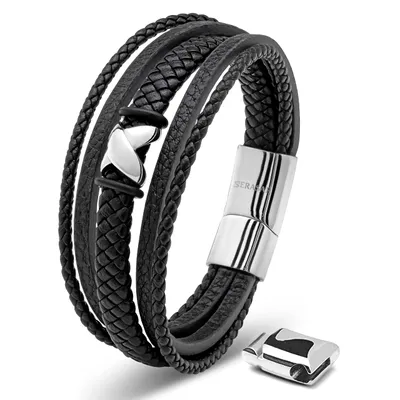 Obrázek produktu pro SERASAR | Pánský Prémiový Kožený Náramek [Flake] z Stainless Steel | Barva: Stříbrný | Délka: 23cm
