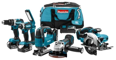Produktbild von Makita 18-Volt-Kombigerät: (Hammer-)Bohr-, (Schlag-)Schraub-, Säge- und Schleiffunktion