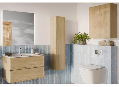 Image de Ensemble Complet Meuble Vasque 80 cm + Vasque + Miroir LED + Colonne + 2 meubles hauts - Caldera Clair