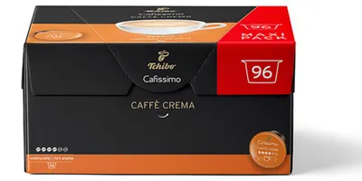 Produktbild von Tchibo Cafissimo Vorratsbox Caffè Crema vollmundig Kaffeekapseln, 384 Stück – 4x 96 Kapseln (Kaffee, ausgewogen und vollmundig), nachhaltig & fair gehandelt