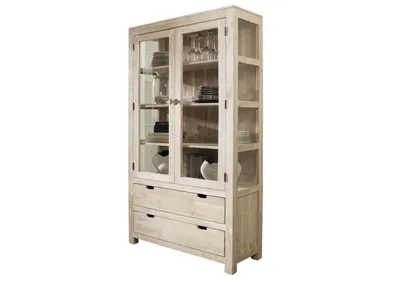 Produktbild von MASSIVMOEBEL24.DE Vitrine Akazie 110x45x200 white stone getüncht NATURE WHITE #65