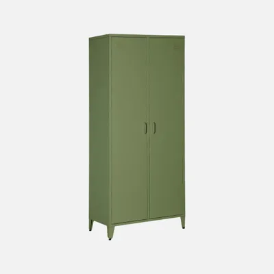 A khaki-colored industrial metal wardrobe with two doors and four shelves is shown against a light gray background.