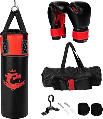 A boxing set including a punching bag, gloves, hand wraps, a bag, and mounting hardware, laid out against a white background.