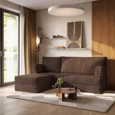 Produktbild von Masseno Ecksofa NOTIA mit Metallgestell, Modulares Schlafsofa aus Schaumstoff, Klappbares Bodensofa, Schlaffunktion - Braun, POSO 06