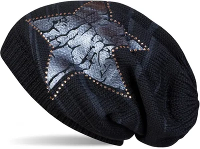 Produktbild von styleBREAKER Damen Strick Beanie Mütze mit Vintage Stern Print und Strass Rand, Strickmütze mit Streifen Muster 04024083