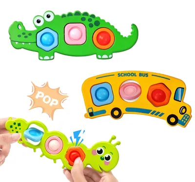 Produktbild von Sinnesspielzeug Quetschspielzeug Popper-Spielzeug - 3er-Set - Dinosaurier, Schulbus und Raupe - Ab 10 Monaten