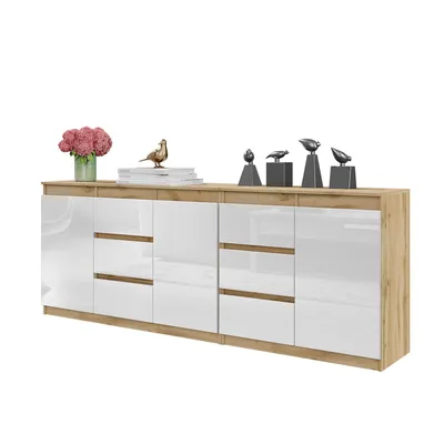 Produktbild von Zweier-Set Kommoden MIKEL – Wotan Eiche Korpus, Weiß Hochglanz Fronten, 6 Schubladen, 3 Türen, 200 cm breit