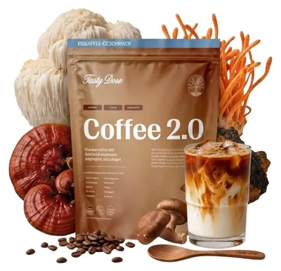 Produktbild von Tasty Dose's Coffee 2.0. Pilzkaffee - Iced Coffee, 7 Vitalpilze & Ashwagandha, instant (288 g, 30 Portionen)