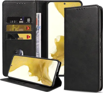 Zdjęcie produktu dla Etui Smartphonica Samsung Galaxy S22 ze sztucznej skóry z magnetycznym zamknięciem i kieszonkami na karty - czarne