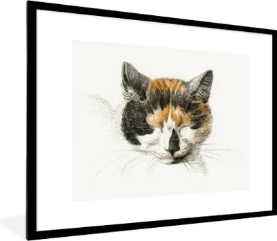 Produktbild von MuchoWow® MuchoWow® Gerahmtes Poster Kopf einer schlafenden Katze - Gemälde von Jean Bernard 80x60 cm - Poster mit zchwarzem Bilderrahmen - Schlafzimmer-Dekorationen - Fotoposter