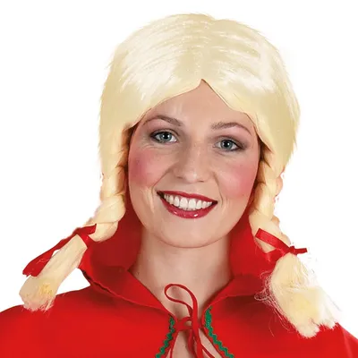 Produktbild von Blonde Gretchen Damen Perücke mit Zöpfen und roten Schleifchen