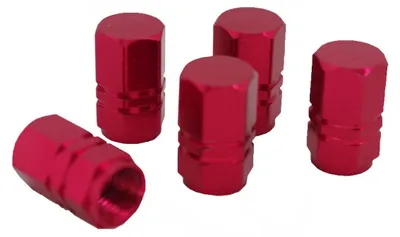 Produktbild von 5 Ventilkappen einfarbig rot Sechskant mit Zierstreifen aus Aluminium