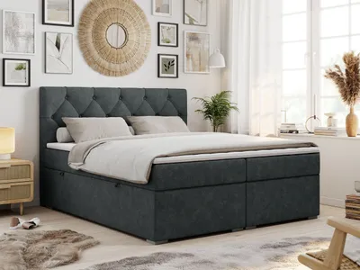 Produktbild von Boxspringbett 160x200 mit Bettkasten, Boxspringbett 160x200 mit Matratze, Doppelbett mit Matratze und Topper - Polsterbett mit Kopfteil - Stauraumbett - ALDA - 160x200 - Dunkelgrau - Struktur - H4