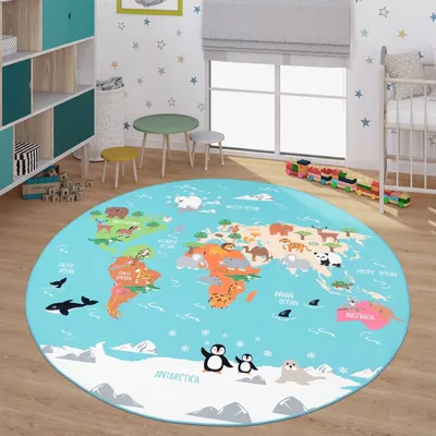 Produktbild von TT Home Kinder-Teppich, Spiel-Teppich Für Kinderzimmer, Weltkarte Mit Tieren, In Grün Größe 200 cm Rund