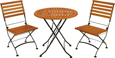 Produktbild von DEGAMO Bistroset SitzgruppeKlappgarnitur HOFGARTEN 3-teilig (2x Klappstuhl, 1x Klapptisch 75 cm rund), Flachstahl schwarz + Eukalyptus