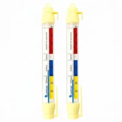 Produktbild von 2 Stück Kühlschrankthermometer Set 21cm zum aufhängen -4 bis 40°C Analog Gefrierschrank Kühltheke Kühlschrank Kühltruhe Gefrierschrank Thermometer
