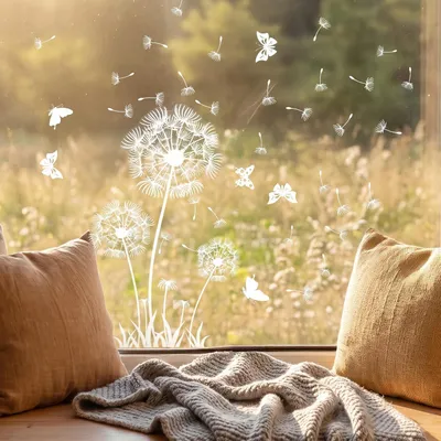 Produktbild von Selbstklebende Fensterbilder mit weißer Pusteblume, Blumen und Schmetterlingen, Fensteraufkleber für Frühling und Sommer, Antikollisionsfolie für Glasflächen und Glastüren