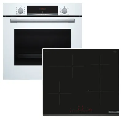 A white oven and a black induction hob are shown side-by-side against a white background.