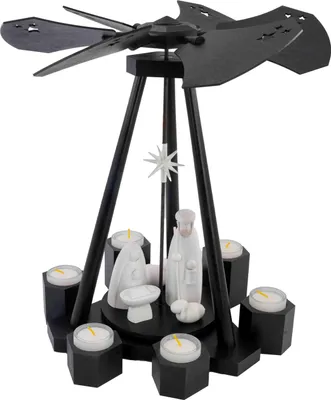 Produktbild von Moderne Weihnachtspyramide „Black Delta“ mit Heiliger Nacht – Schwarze Teelichtpyramide aus Holz mit weißen Figuren BxHxT 25x39x21cm NEU