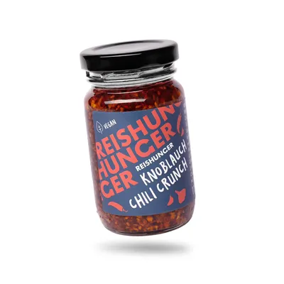 Produktbild von REISHUNGER Knoblauch Chili Crunch, 115 g - fertiges Crispy Chili Öl aus Knoblauchflocken, mild-scharfem Chili und würzigen Zwiebeln