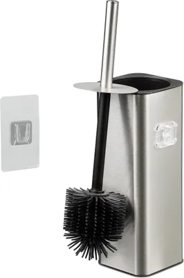 Image de Relaxdays - Brosse de toilettes à fixation murale, à coller, H x l x P : 36,5 x 9,5 x 10,5 cm, brosse de nettoyage pour WC avec support, argent