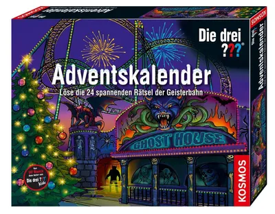 Produktbild von drei Adventskalender 634162 Löse 24 spannende Rätsel in der Geisterbahn mit 24 Detektiv-Gimmicks Spielzeug-Adventskalender für Kinder ab 8 Krimi Geschichte