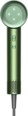 A green hair dryer on a white background.