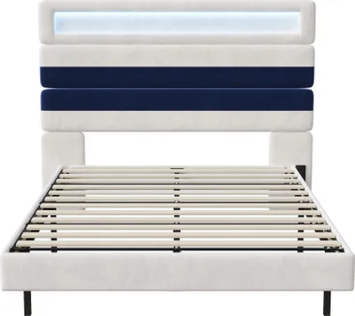 Zdjęcie produktu dla UnboxG Łóżko tapicerowane 140x190cm z USB, łóżko młodzieżowe podwójne ze stelażem listwowym i schowkiem, łóżko do przechowywania z LED, aksamitne