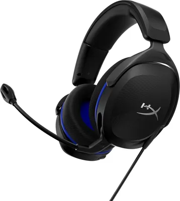 A black gaming headset with blue accents is shown against a white background.