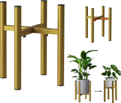 A gold metal plant stand is shown from multiple angles, including a close-up of its structure and how it is used with potted plants.