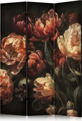 Produktbild von 3-teiliger Einseitiger Vlies Paravent - Magnificent Tulips - Bouquet of Flowers in Red and White on a Black Background 135x172 cm Blumen b-H-10024-z-a