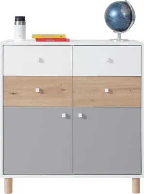 Produktbild von Masseno Kommode SANNIO 85 cm Sideboard mit  Schubladen und  Türen für Wohnzimmer Schlafzimmer Modern 85x40x90 cm Weiß / Weiß